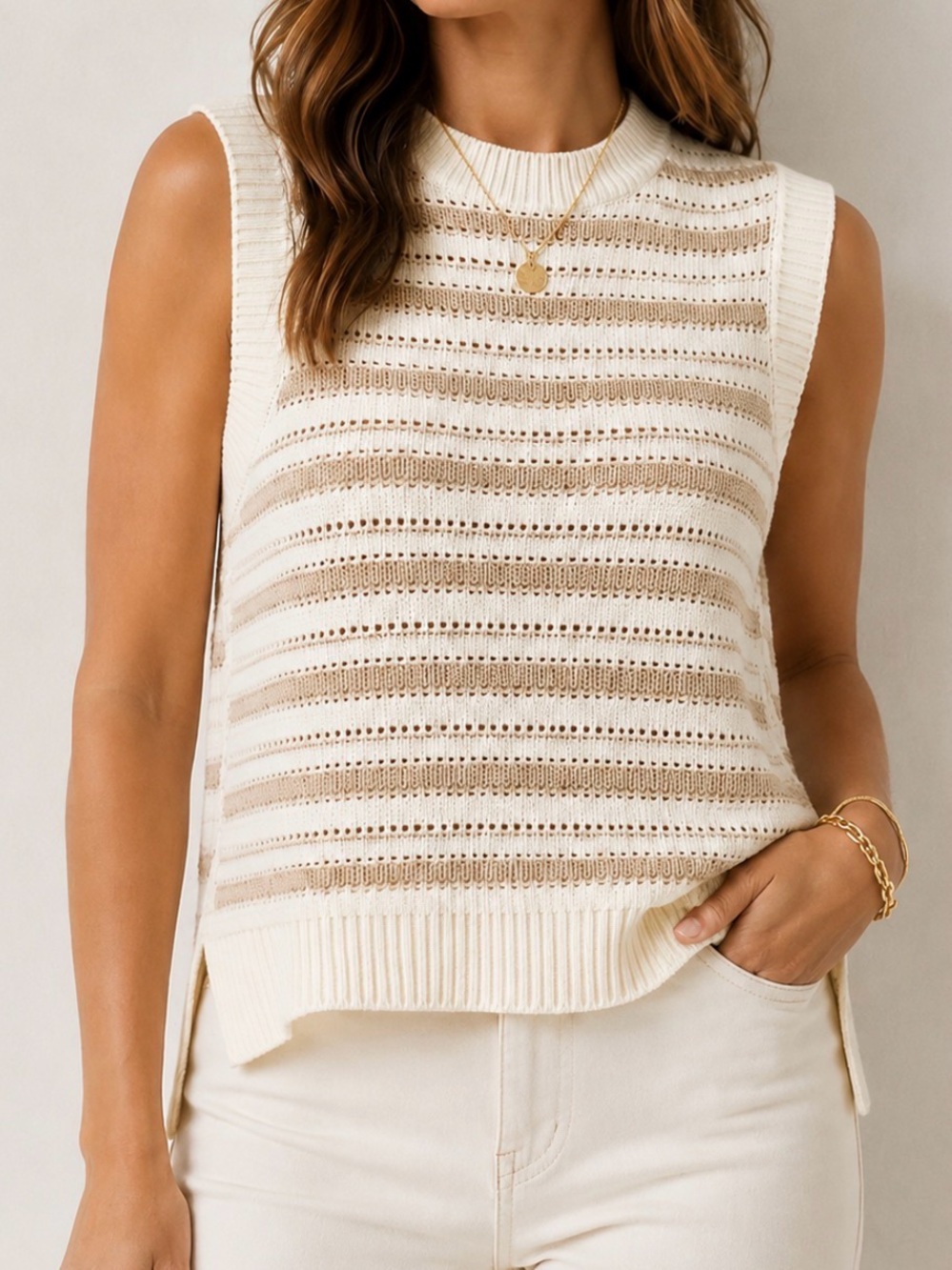 French Connection Women’s S Open Knit Sweater Vest Ivory Metallic Stripe Cotton